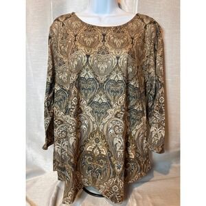 Ruby Rd Woman Paisley Print Blouse‎ Top Long Sleeve Scoop Neck Embellished 1X